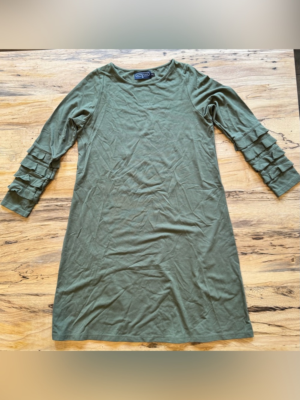 Duffield Lane Olive Green Ruffle Sleeve Shift Dress